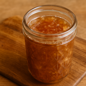 Homemade apple jam in a glass mason jar placed on a rustic wooden breadboard.