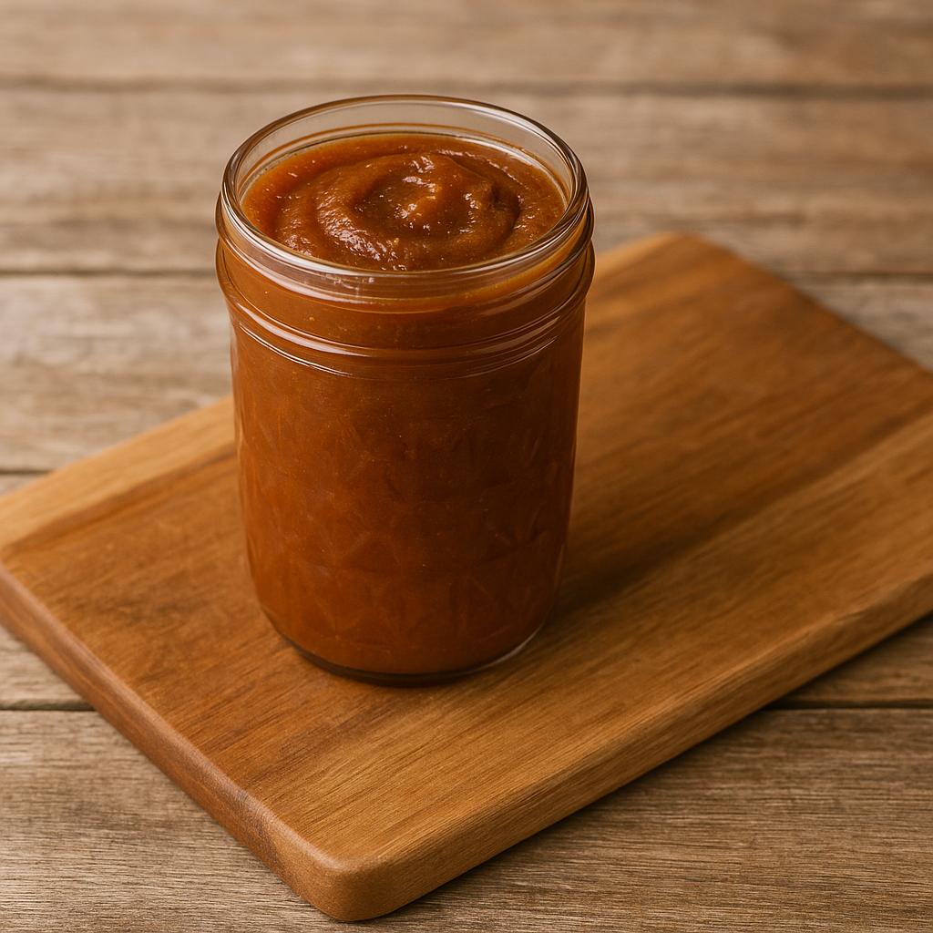 Homemade pumpkin jam in a glass jar sitting on a wooden breadboard.
