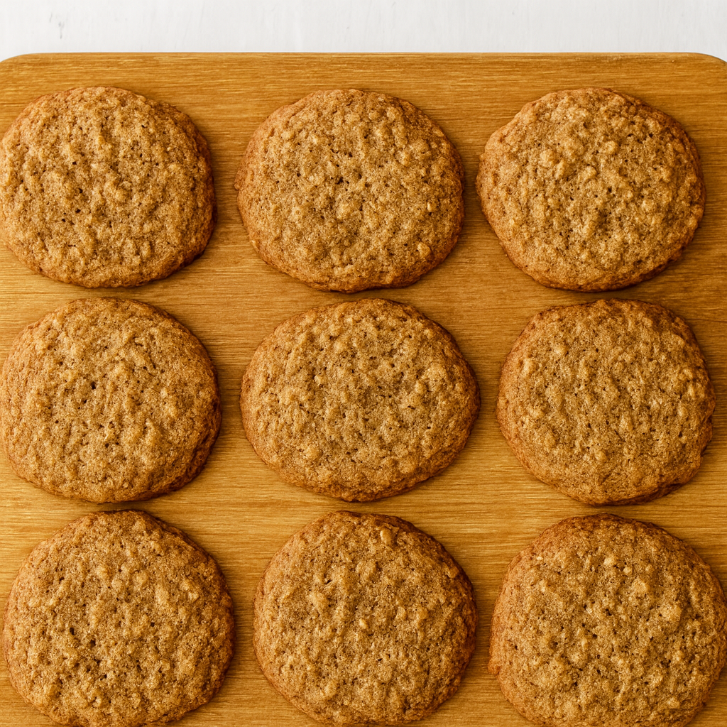 Freshly baked oatmeal cookies cooling on a wooden breadboard