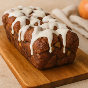 Freshly baked apple cinnamon-sugar monkey bread loaf in a pan, golden brown and dusted with sugar, ready to serve.