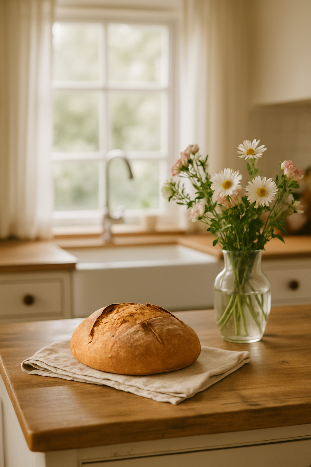 Farmhouse kitchen table with fresh bread and flowers, cozy homemaking scene.