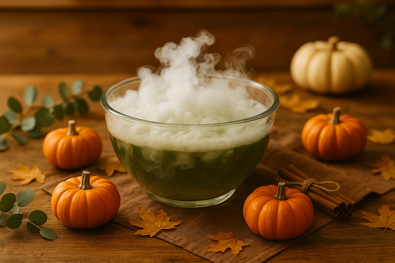 Glass punch bowl of Witches’ Brew punch with gentle fog, surrounded by mini pumpkins, autumn leaves, and cinnamon sticks on a cozy fall table.