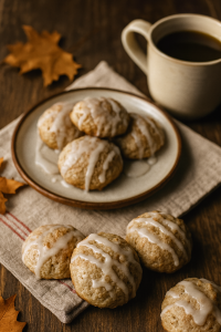 Glazed whipped cream cookies cooling on a rustic farmhouse table beside a mug of coffee and autumn leaves.