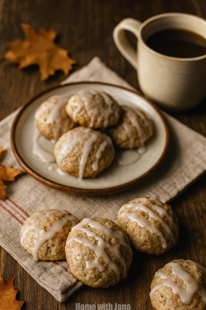 Glazed whipped cream cookies cooling on a rustic farmhouse table beside a mug of coffee and autumn leaves.