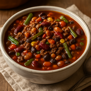 Rustic ceramic bowl filled with hearty ground beef chili, beans, and vegetables on a wooden table with a cozy farmhouse feel.