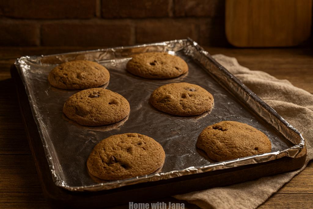 Six golden-brown chocolate chip cookies cooling on a foil-lined baking sheet, set on a wooden farmhouse table with warm cozy lighting.