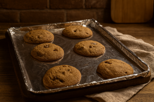 Six golden-brown chocolate chip cookies cooling on a foil-lined baking sheet, set on a wooden farmhouse table with warm cozy lighting.
