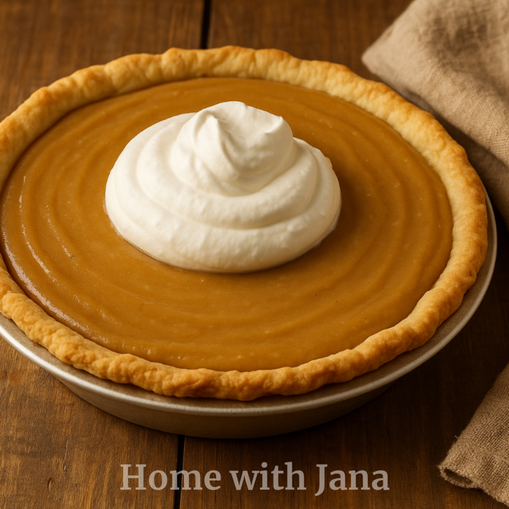 Homemade butterscotch pie with a smooth creamy filling and flaky golden crust, topped with a swirl of whipped cream in the center. The pie is photographed on a rustic wooden table with warm cozy lighting and a classic old-fashioned homemade dessert feel.