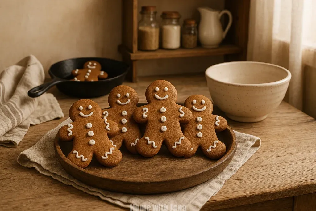 Chewy gingerbread men cookies arranged in a red dish, decorated with festive royal icing. Cozy holiday baking scene.