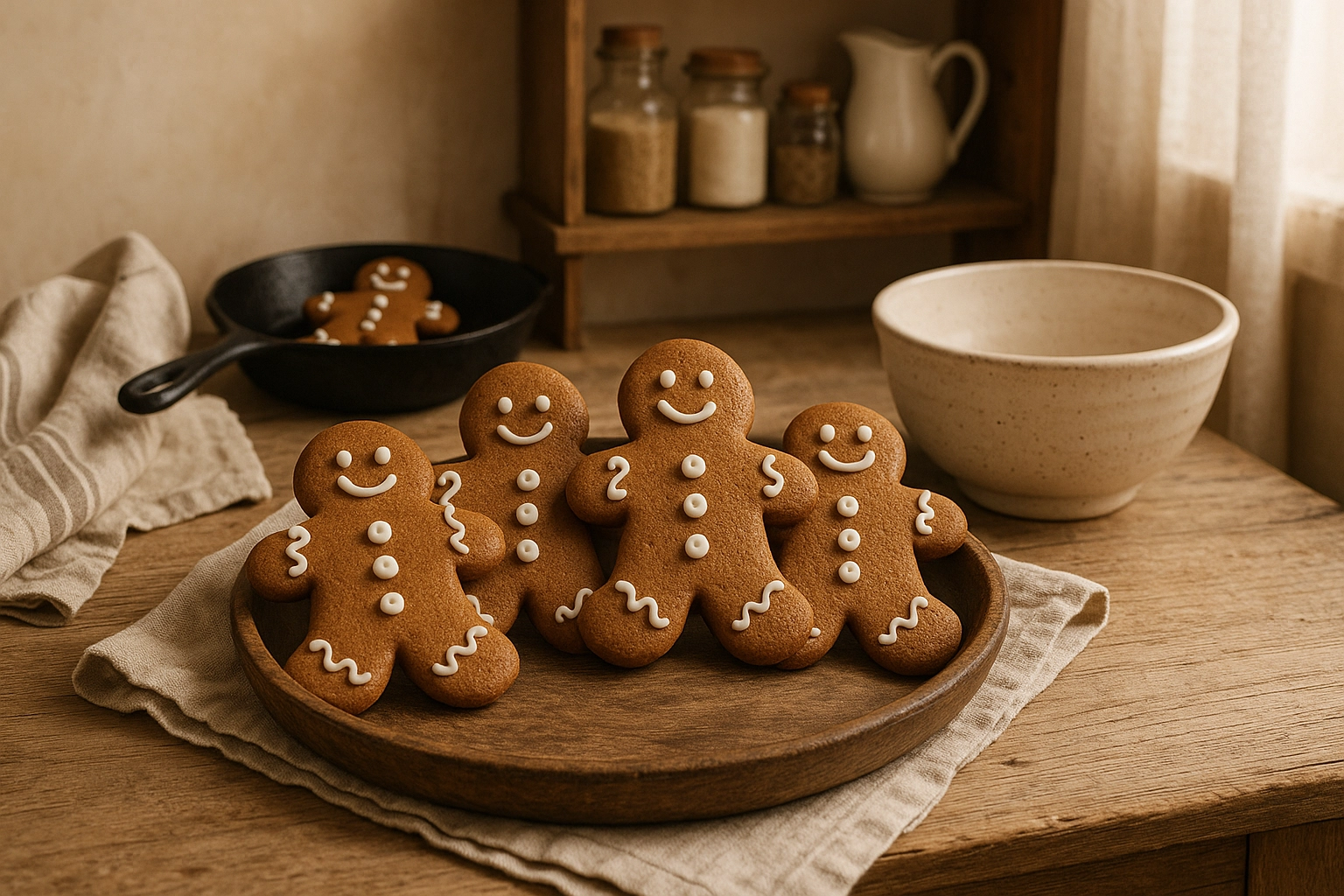 Chewy gingerbread men cookies arranged in a red dish, decorated with festive royal icing. Cozy holiday baking scene.