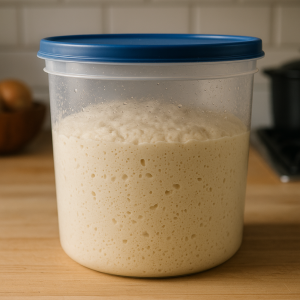 A close-up photo of homemade Old-Fashioned Pantry Dough rising inside a clear plastic container on a wooden kitchen counter. The dough is bubbly and airy, showing a well-fermented texture.