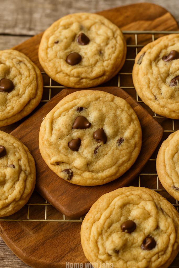 Soft chocolate chip cookies on a rustic wooden bread board in a cozy farmhouse kitchen, fresh from the oven and ready to enjoy.