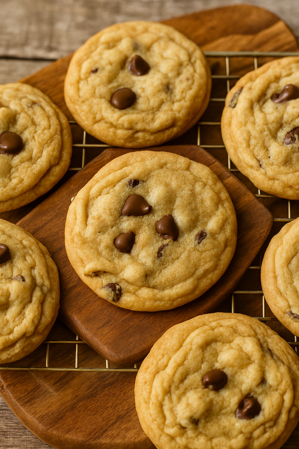 Soft chocolate chip cookies on a rustic wooden bread board in a cozy farmhouse kitchen, fresh from the oven and ready to enjoy.
