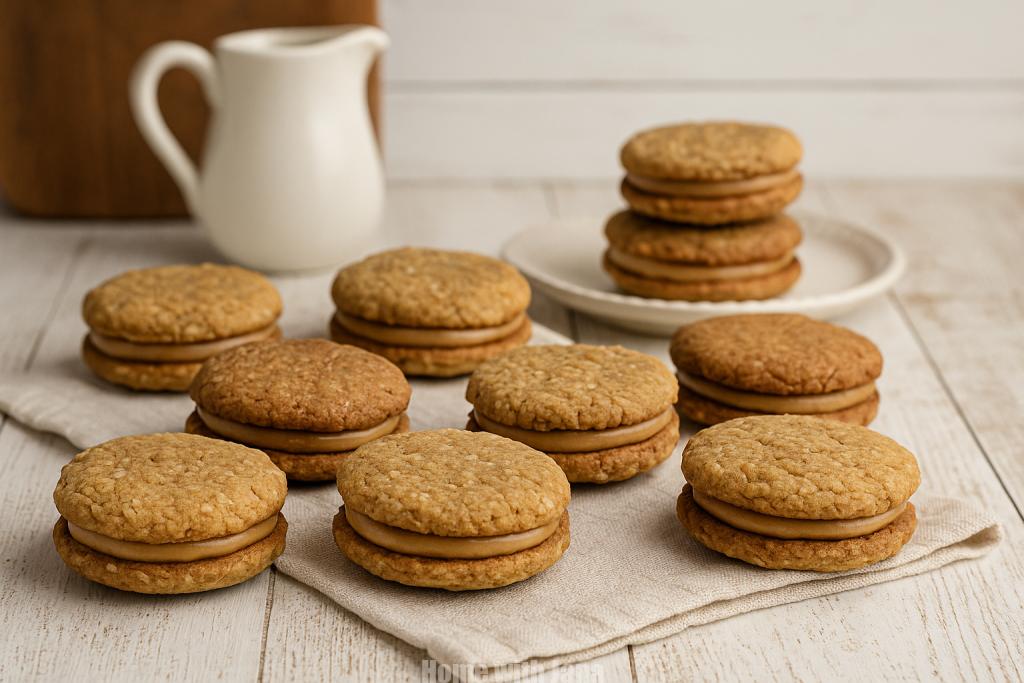 Homemade Savannah peanut butter sandwich cookies on a rustic farmhouse table with linen cloth and vintage kitchenware
