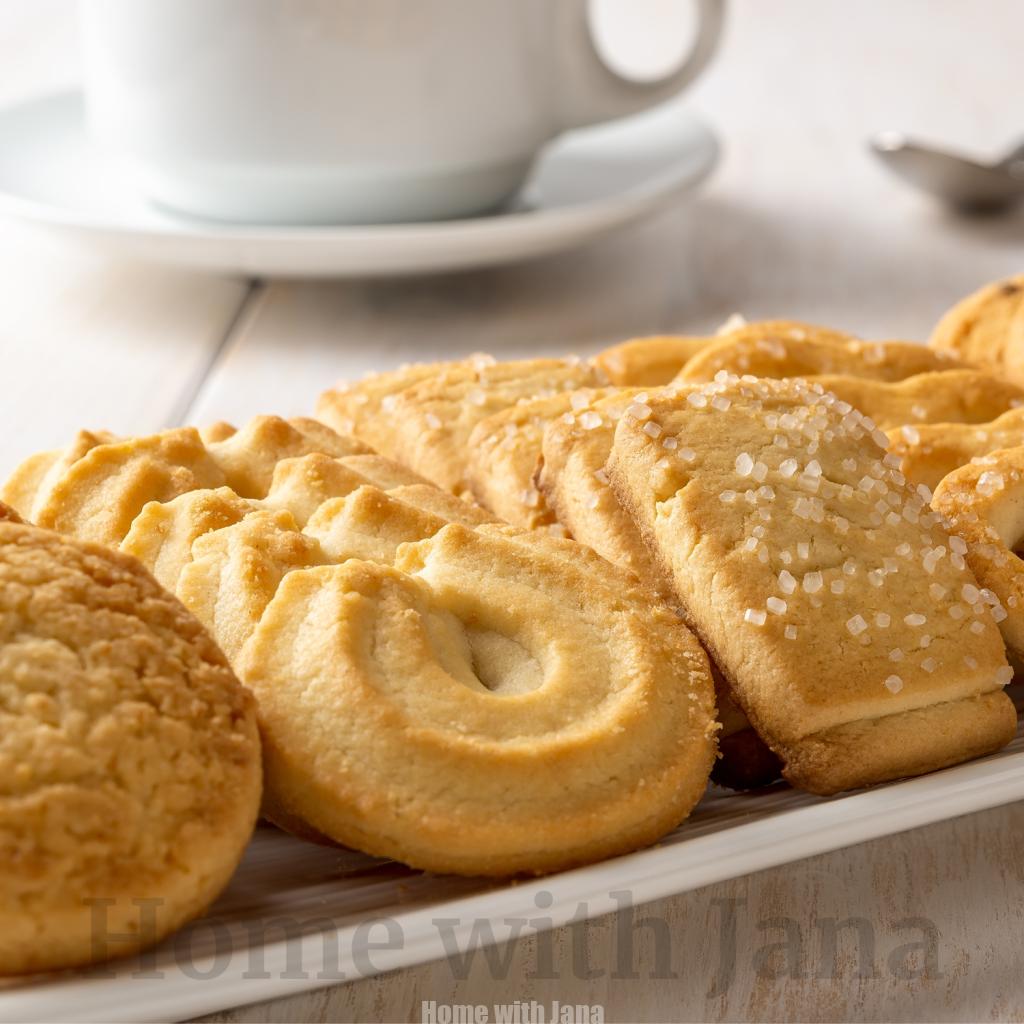 Homemade Danish butter cookies arranged on a white plate, including pretzel shapes, rings, and sugar-topped rectangles.