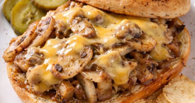 Garlic Butter Pork & Mushroom Bagel Melt