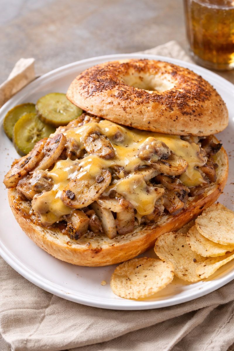 Garlic Butter Pork & Mushroom Bagel Melt