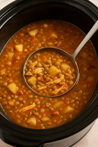 A close-up of a homemade chicken and lentil stew simmering in a black slow cooker, with a ladle lifting tender shredded chicken, potatoes, and lentils in a rich broth.