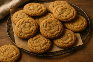 A batch of freshly baked brown butter nutmeg cookies on a parchment-lined cooling rack, showing their golden, crackled tops and soft, chewy texture.