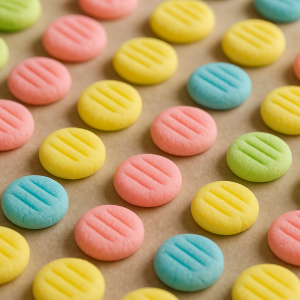 Pastel-colored homemade butter mints arranged on parchment paper, each with a fork-pressed pattern and a soft, realistic texture.