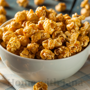 Bowl of homemade caramel popcorn with a buttery golden coating