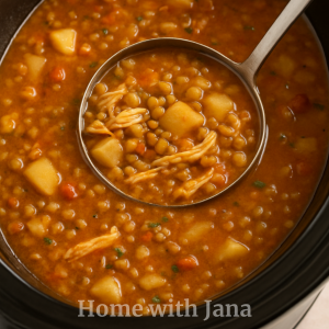 Hearty homemade lentil soup simmering in a black slow cooker with a ladle scooping up tender lentils, shredded chicken, potatoes, and diced vegetables in a rich tomato-based broth. Warm rustic lighting creates a cozy comforting homemade soup feel.