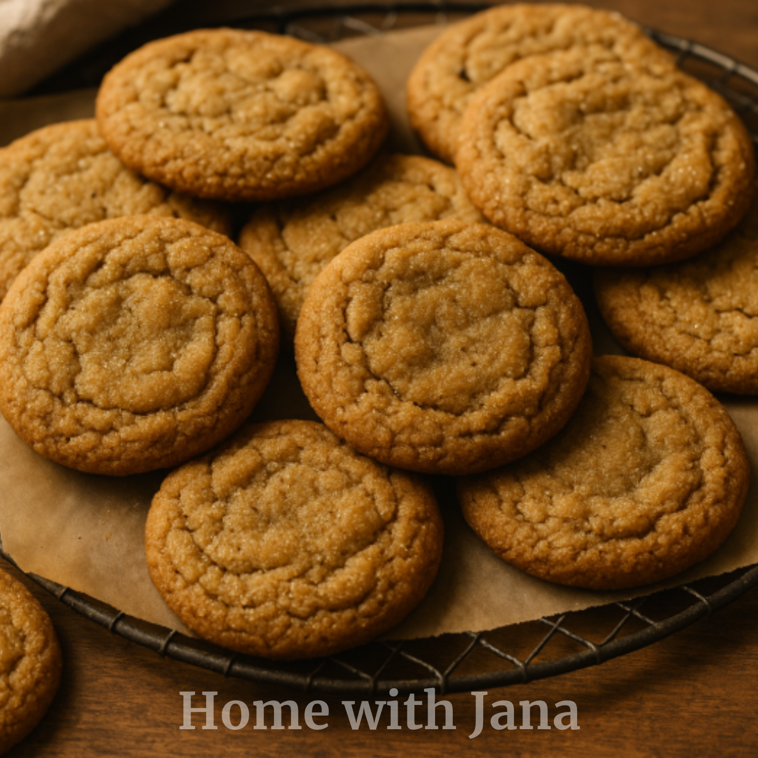 Soft homemade brown butter nutmeg cookies cooling on parchment paper in a rustic wire basket. The cookies are golden brown with crinkled tops and a chewy center, photographed in warm natural lighting on a wooden table for a cozy homemade bakery feel.