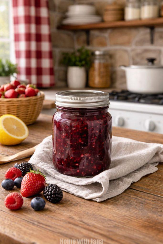Quick berry jam in a glass jar on a wooden counter with fresh berries, lemon, stone backsplash, and red buffalo check kitchen curtains