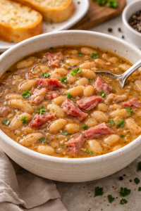 Crockpot ham and bean soup made with dried beans and ham bone