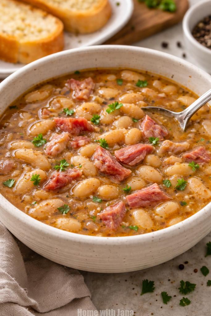 Crockpot ham and bean soup made with dried beans and ham bone