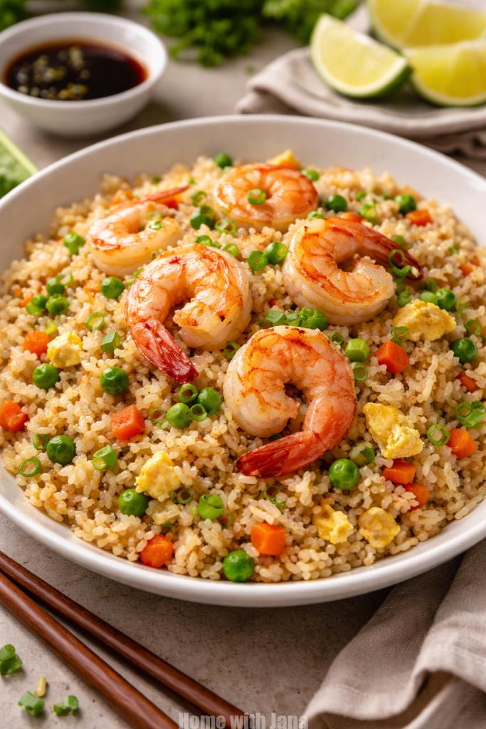 A bowl of shrimp fried rice with plump sautéed shrimp, scrambled eggs, peas, carrots, and green onions, served with soy sauce and lime wedges in the background