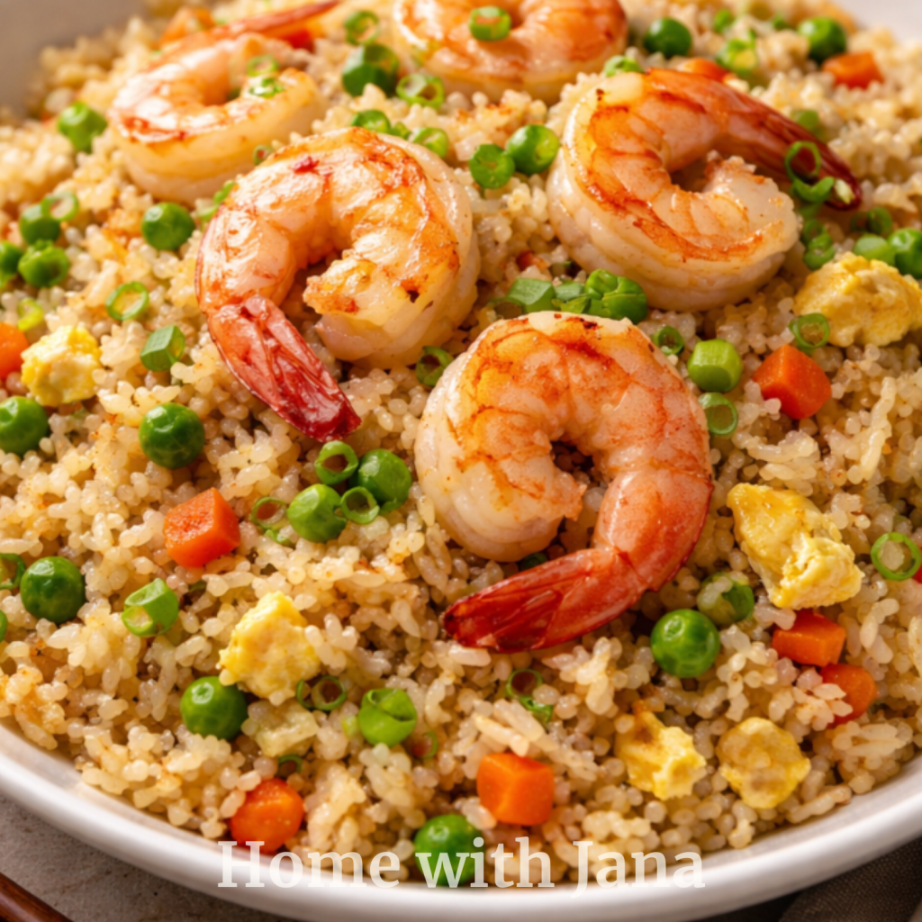 A bowl of shrimp fried rice with plump sautéed shrimp, scrambled eggs, peas, carrots, and green onions, served with soy sauce and lime wedges in the background