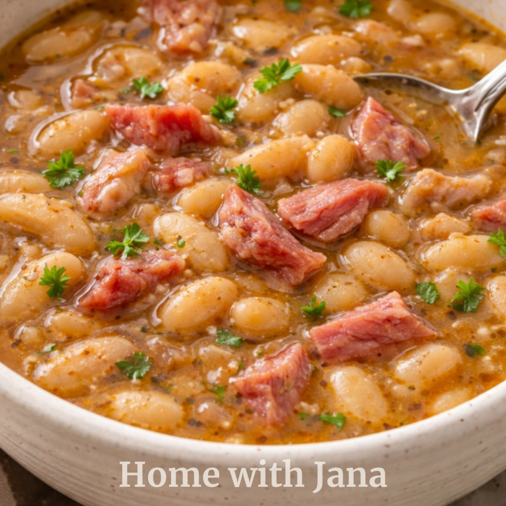 Crockpot ham and bean soup made with dried beans and ham bone