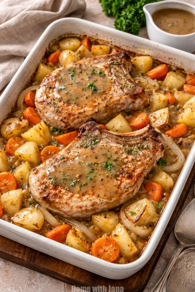 One pan baked pork chops with potatoes, carrots, and onions in a casserole dish with gravy