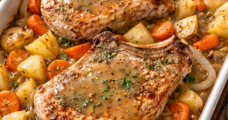 One Pan Baked Pork Chops and Veggies