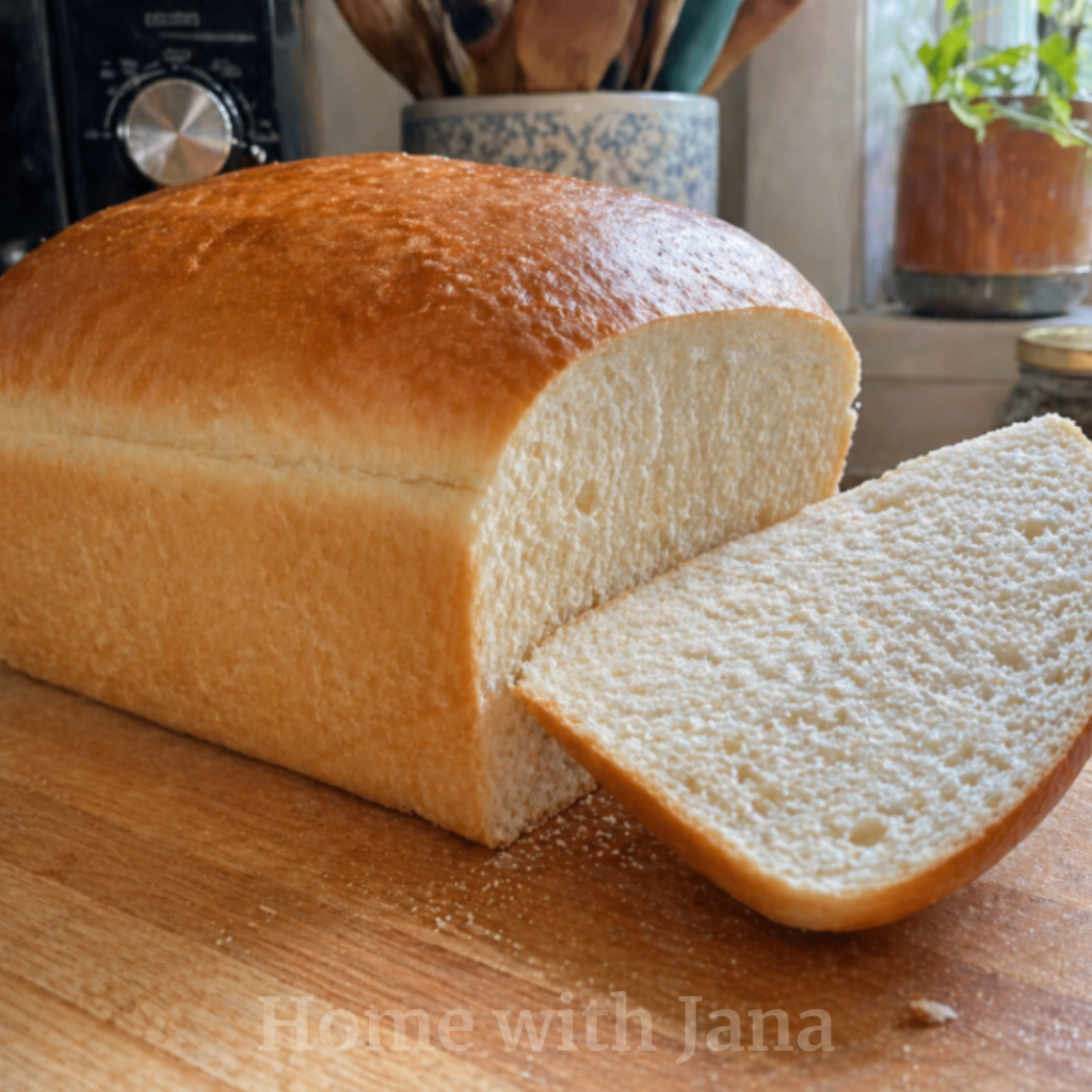 Freshly baked soft sandwich bread loaf on a wooden counter with one slice cut, showing a fluffy interior in natural kitchen light