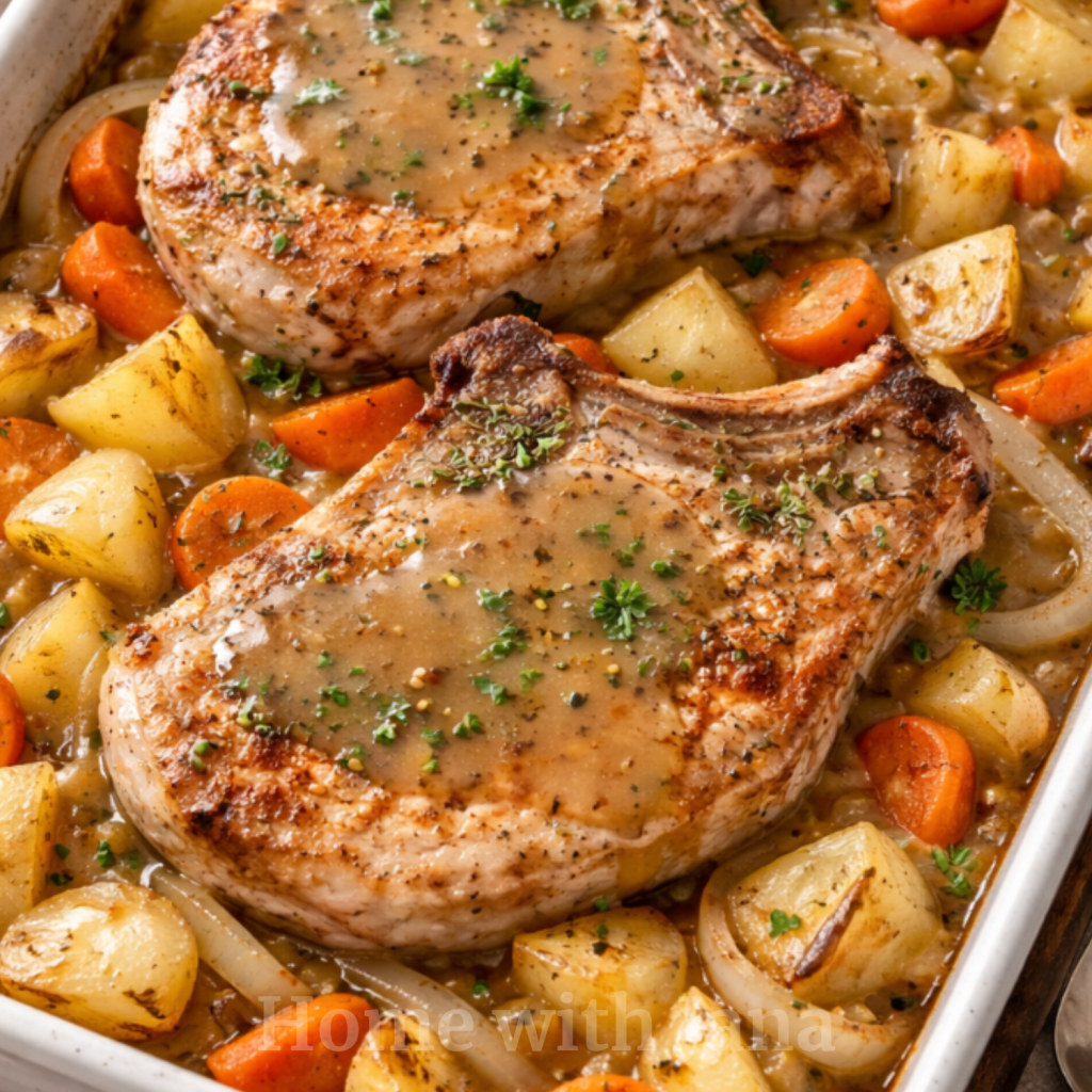 One pan baked pork chops with potatoes, carrots, and onions in a casserole dish with gravy