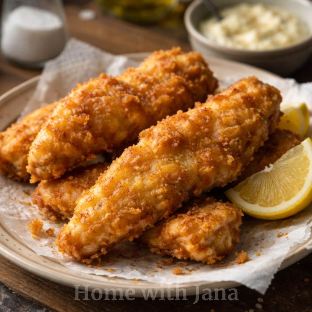 Crispy homemade battered fish on a plate with lemon wedge, served on paper towel in a rustic kitchen setting