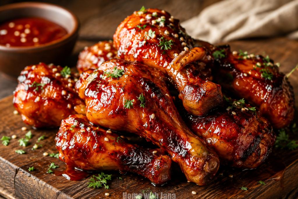 Close-up of sticky honey BBQ chicken drumsticks on a rustic wooden board, coated in glossy caramelized sauce with charred edges, garnished with sesame seeds and fresh parsley, with a bowl of BBQ sauce in the background.