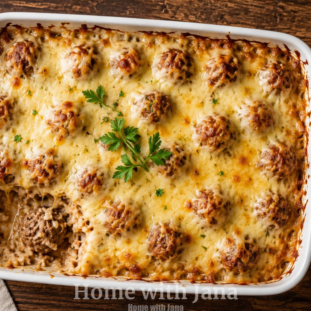 Overhead view of French onion meatballs and rice casserole in a white ceramic baking dish topped with melted golden Gruyère cheese, with a spooned corner showing creamy rice and juicy meatballs on a rustic wooden table.