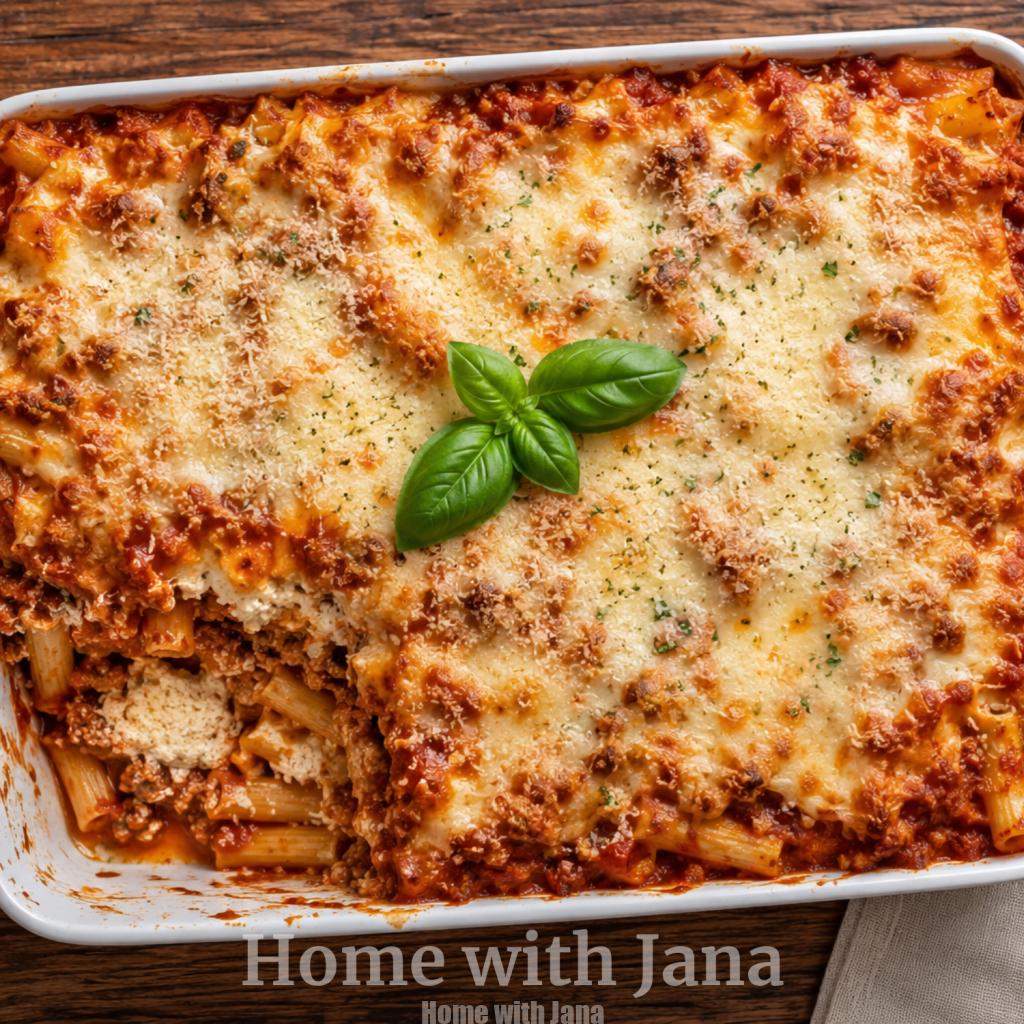 Overhead view of cheesy baked ziti in a white ceramic baking dish with melted mozzarella and Parmesan cheese, layers of pasta, rich meat sauce, and creamy ricotta visible in a scooped corner, served with garlic bread and grated Parmesan on a rustic wooden table.