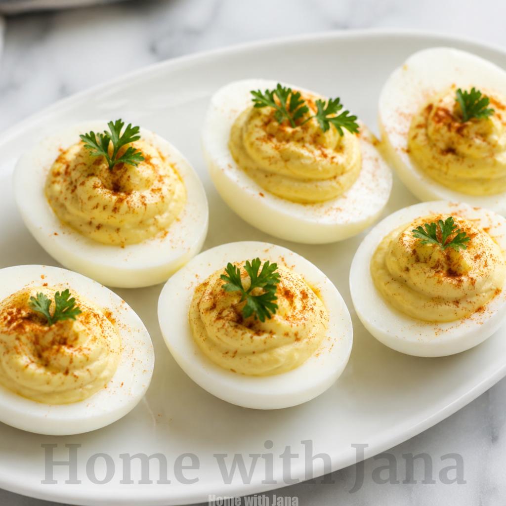 Classic deviled eggs arranged on a white oval platter with creamy pale yellow filling, sprinkled with paprika and topped with fresh parsley. Soft natural lighting and a clean background create a simple homemade appetizer presentation.