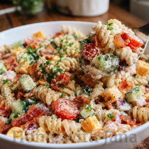 Creamy ranch bacon pasta salad in a large white bowl with rotini pasta, crispy bacon, cheddar cheese cubes, cucumbers, cherry tomatoes, and red onion tossed in creamy dressing, with a spoon lifting a serving over a rustic wooden table.
