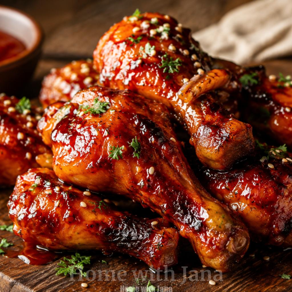 Close-up of sticky honey BBQ chicken drumsticks on a rustic wooden board, coated in glossy caramelized sauce with charred edges, garnished with sesame seeds and fresh parsley, with a bowl of BBQ sauce in the background.