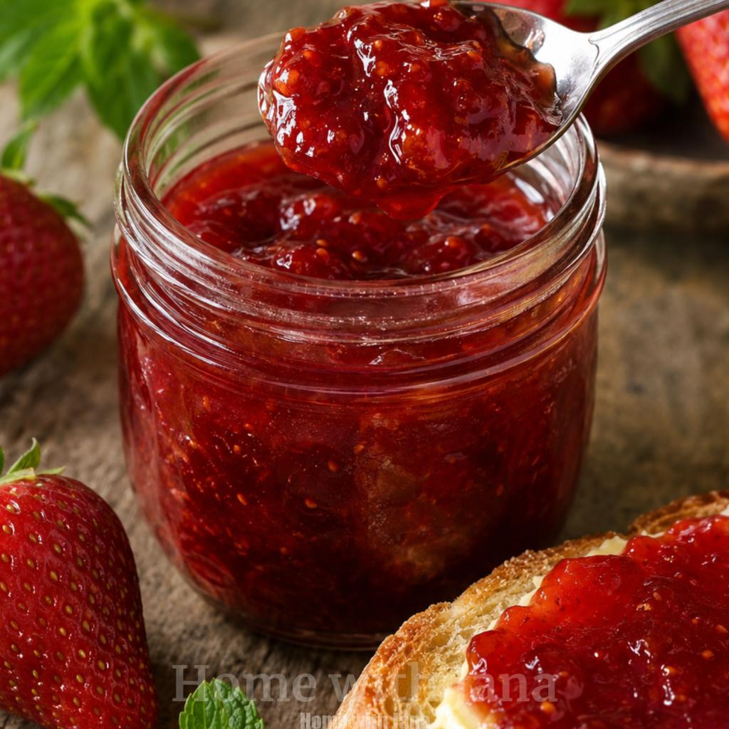 Homemade strawberry jam in a small 4-ounce glass mason jar on a rustic wooden table, with a spoon lifting thick glossy jam. Fresh strawberries, mint leaves, and buttered toast topped with strawberry jam sit nearby in warm natural light.