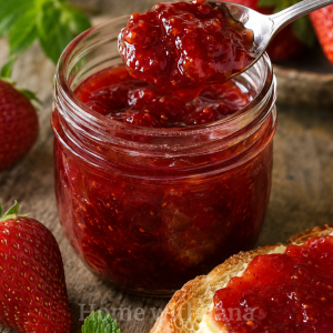 Homemade strawberry jam in a small 4-ounce glass mason jar on a rustic wooden table, with a spoon lifting thick glossy jam. Fresh strawberries, mint leaves, and buttered toast topped with strawberry jam sit nearby in warm natural light.