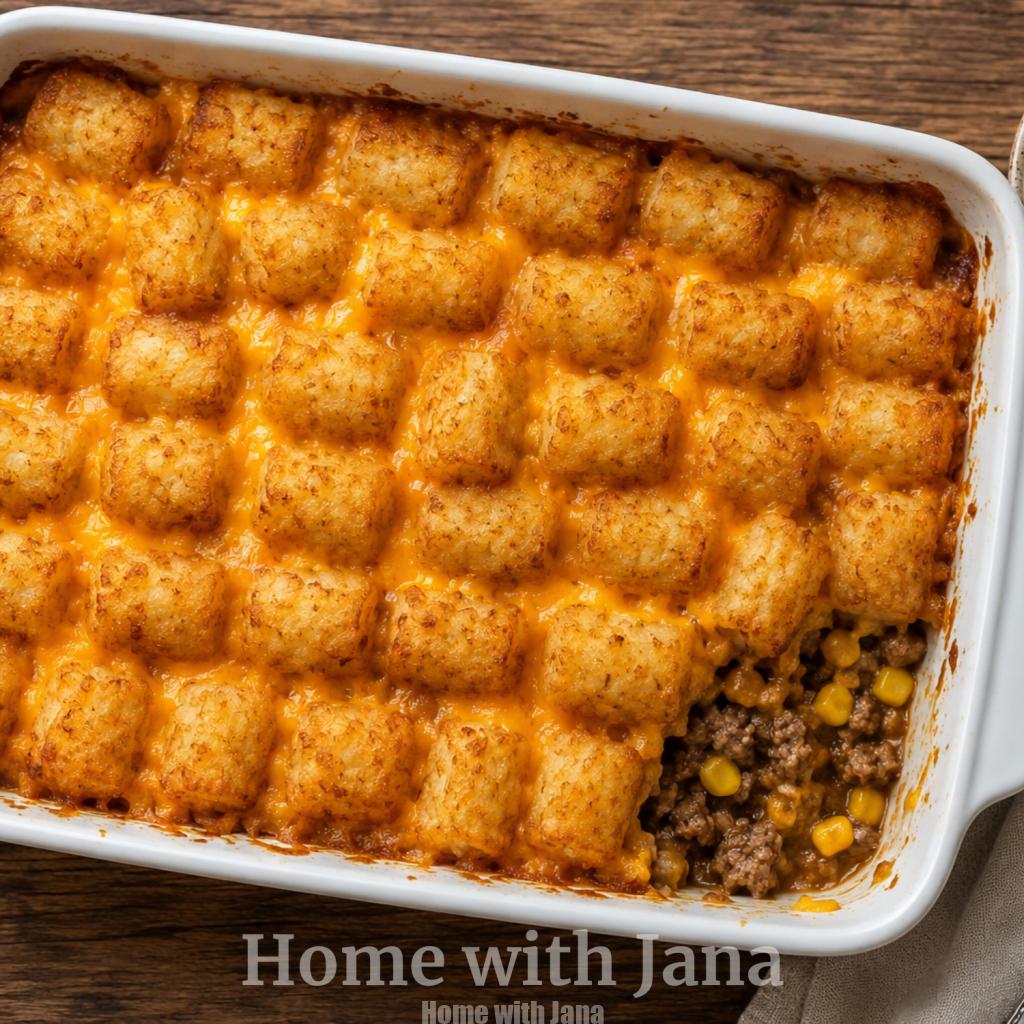 Overhead view of a golden brown cowboy casserole in a white ceramic baking dish topped with crispy tater tots and melted cheddar cheese, with a scoop removed showing seasoned beef and corn filling on a rustic wooden table beside sour cream and a fork.