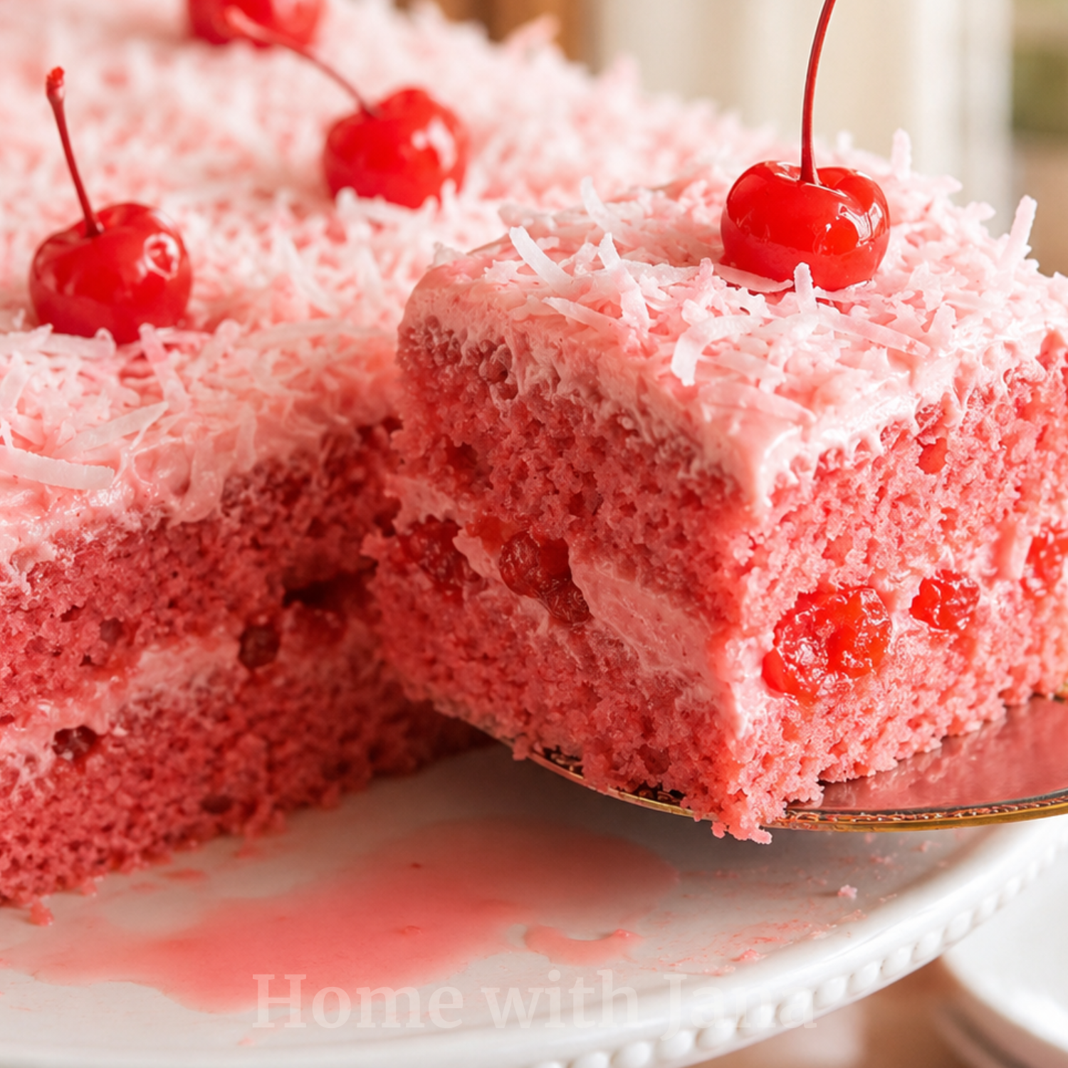 Pink Velvet Strawberry Cherry Cake on a white cake stand with a slice lifted on a cake server, showing moist pink cake layers with cherry pieces, pale pink frosting, shredded coconut, and maraschino cherries on top.