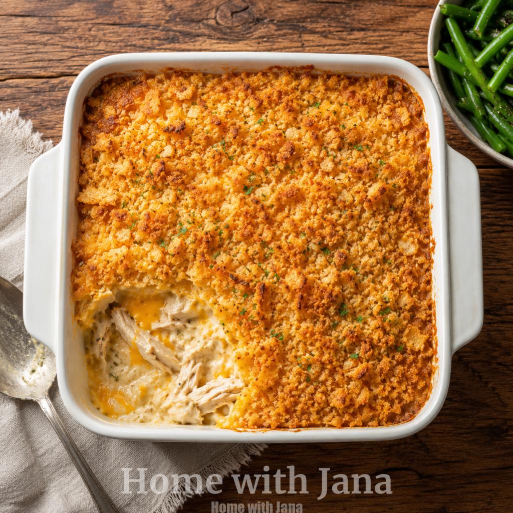 Overhead view of a golden brown million dollar chicken casserole in a white ceramic baking dish with a crispy buttery cracker topping, creamy chicken and melted cheddar filling visible in a scooped corner, served with green beans on a rustic wooden table.