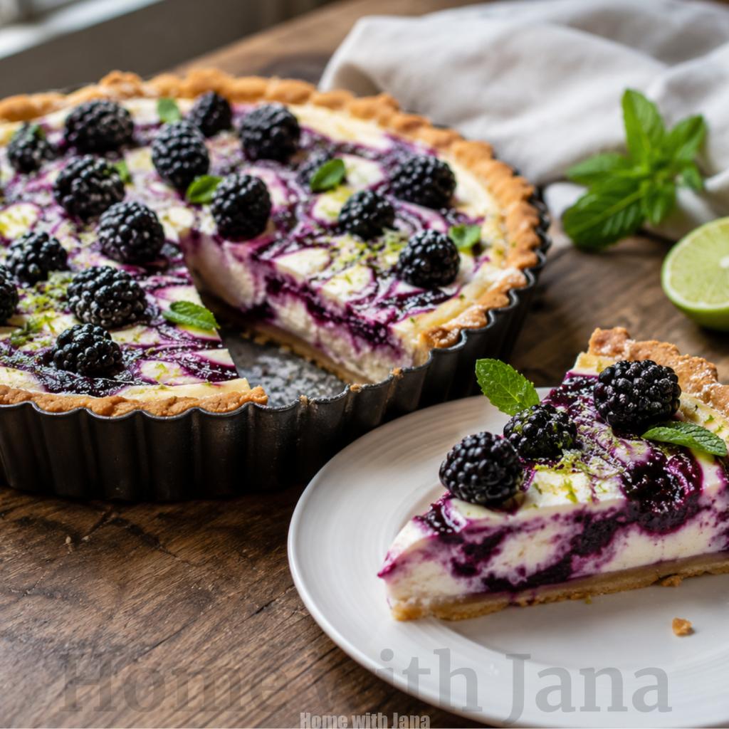 Blackberry mascarpone tart in a fluted tart pan with a golden buttery crust, creamy mascarpone filling swirled with blackberry-lime jam, topped with fresh blackberries, mint leaves, lime zest, and powdered sugar. A slice is served on a white plate, showing the creamy filling and jam swirls. Rustic wooden table with soft natural window light.